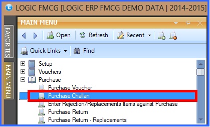 fmcg purchase challan menu